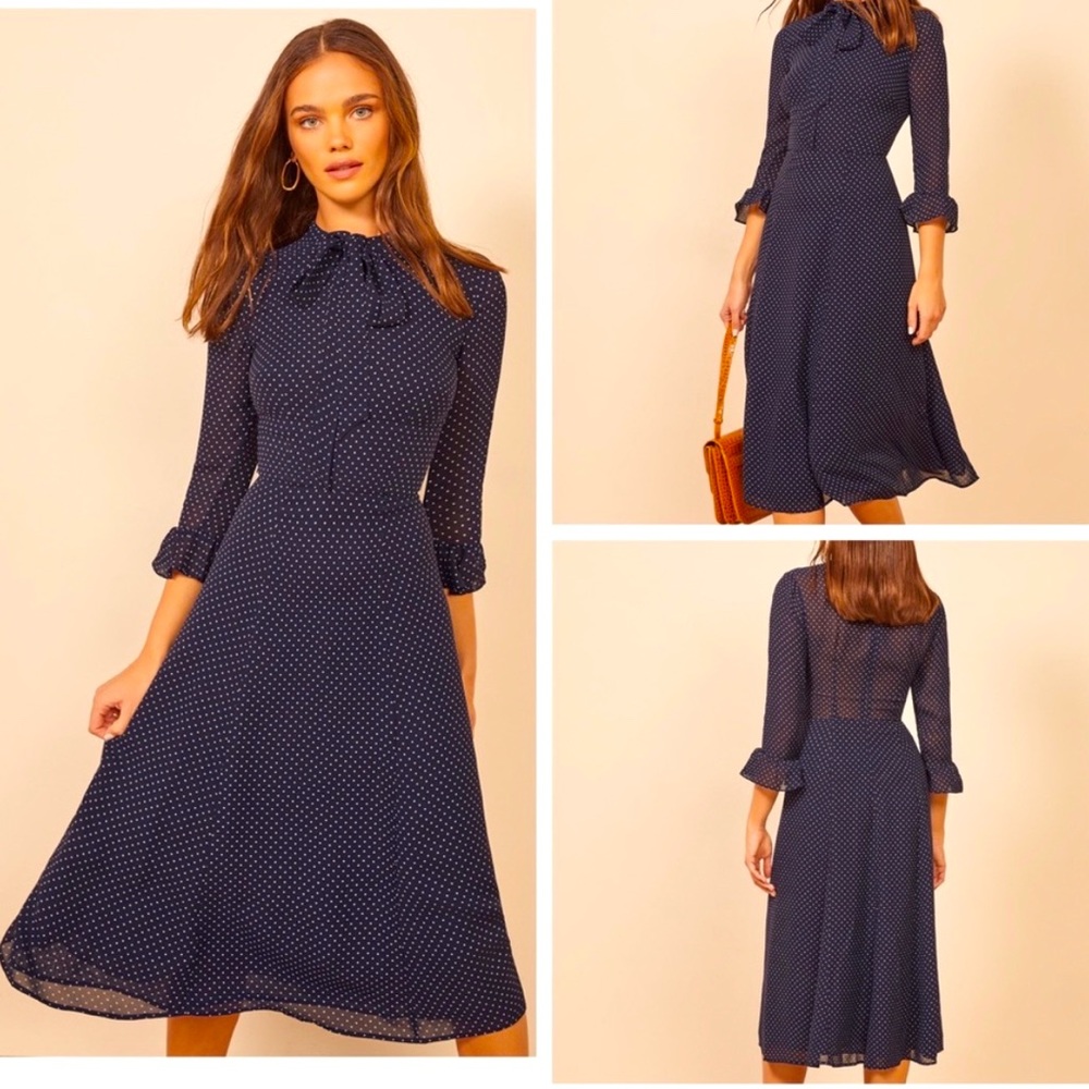 Reformation castel blue and white polka dot midi dress